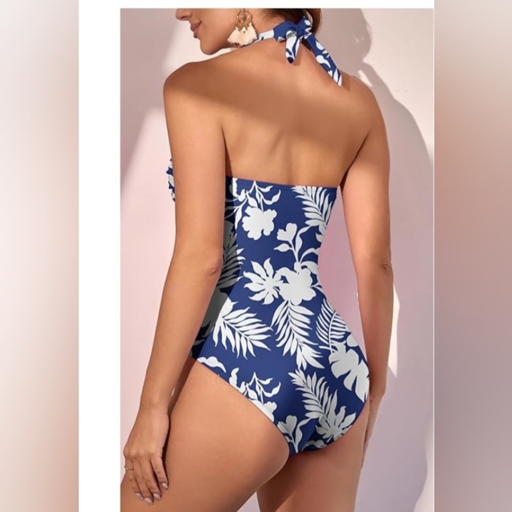 EOMENIE- Women's Blue and White floral Halter Swimsuit tummy control size M - Picture 2 of 3